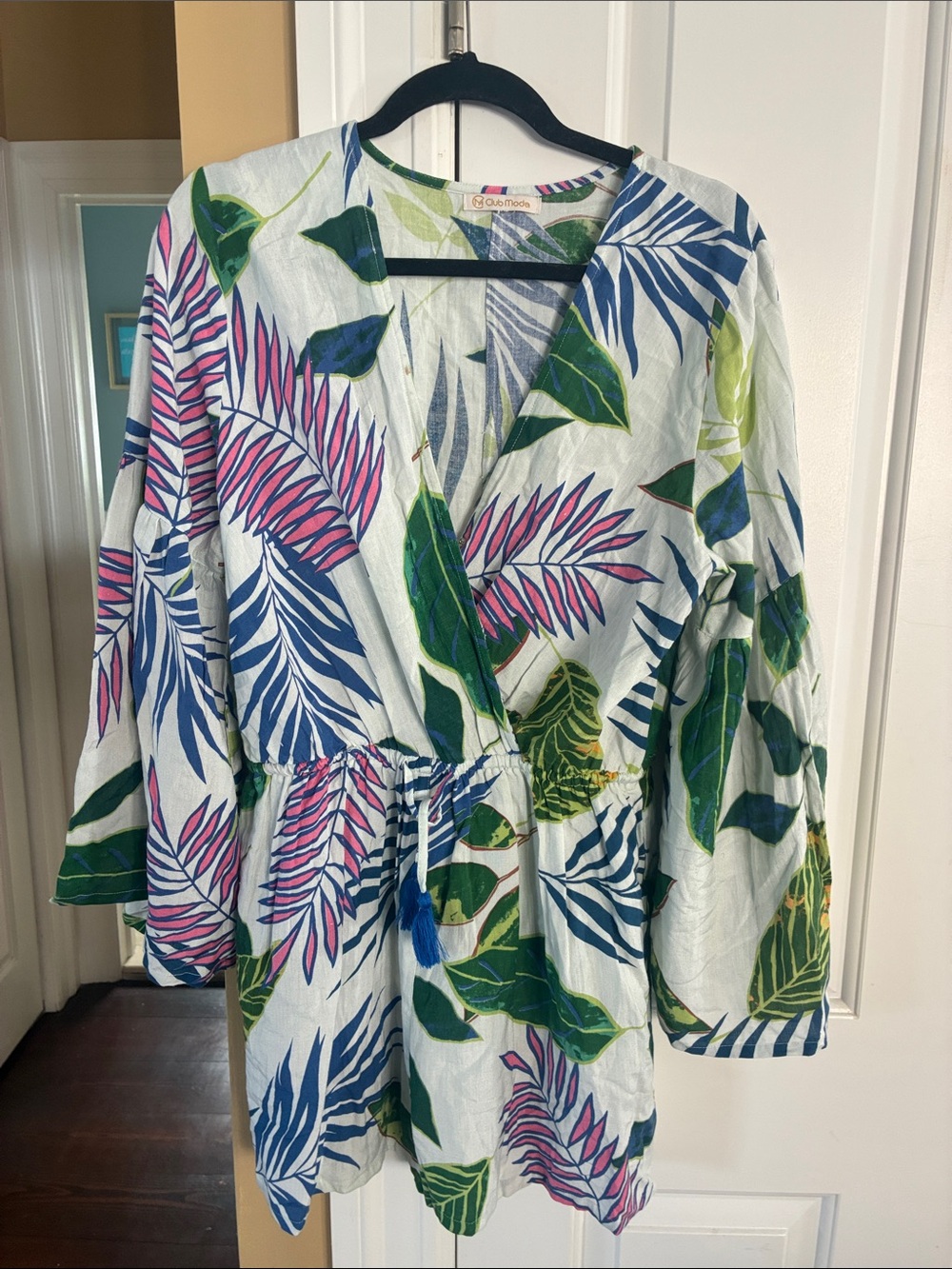 Tropical Leaf Print Wrap Romper - White/Green/Blue/Pink